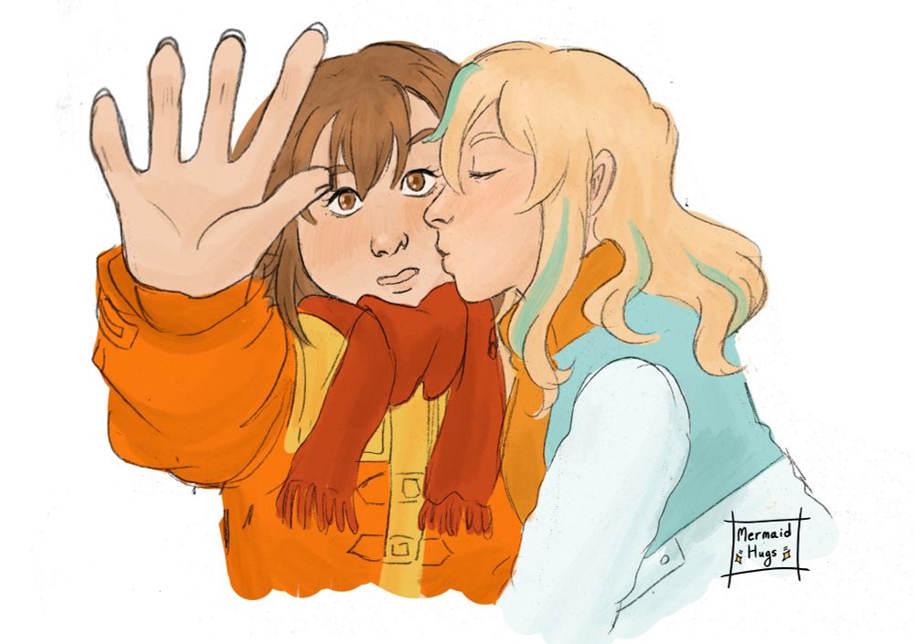 A re-draw of mahiru and kano from jellyfish can't swim in the night, of the scene where kano kisses mahiru on the cheek.