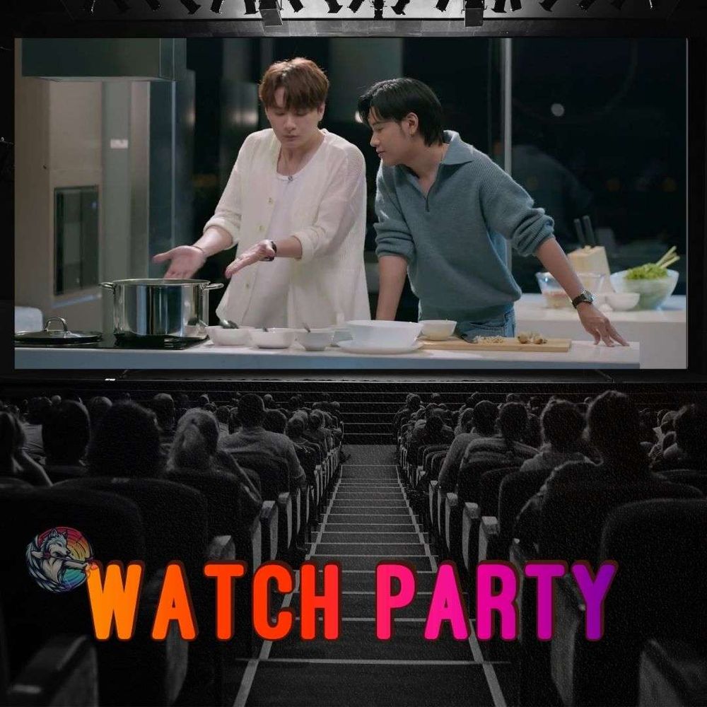 The image shows the inside of a full cinema in black and white. 

On the big screen, in colour, is a scene from the series "The Ex Morning".

Overlaying the audience is text, which says, "Watch Party". The BL GL Wonderland Logo is to the left of the text.
