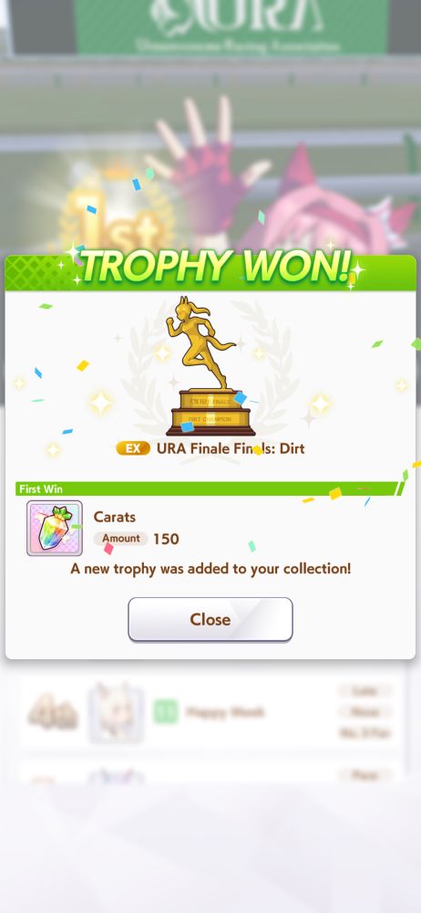 Haru Urara from Umamusume getting 1st place in URA Finale, showing the trophy and carats earned