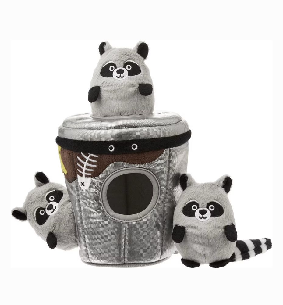 Small trash can with little raccoon toys