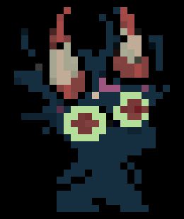 Un monstruito de color oscuro con ojos y cuernos coloridos