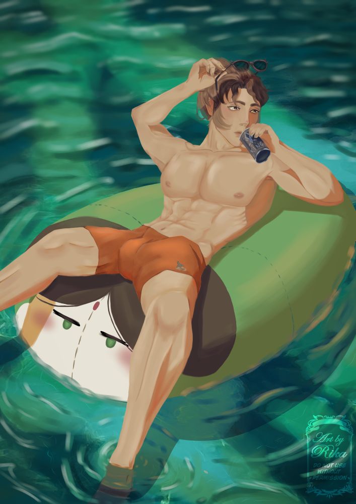 SQH sitting in a cucumber floatie, looking off picture while rising his sunglasses and drinking his energy drink.