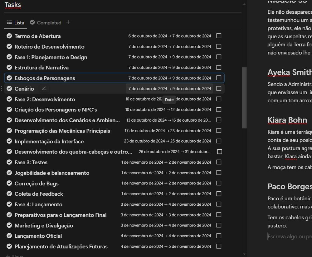 A imagem contém uma captura de tela da aplicação Notion, com fundo preto e várias tarefas descritas.