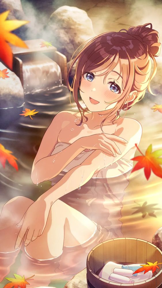 Rinami Himesaki, a girl with pink hair tied in a messy bun, sitting in a sauna in a towel