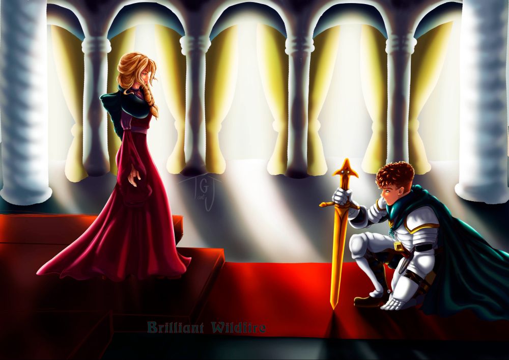 A guard with a golden sword, kneels before a blonde princes who is missing an index finger on her right hand. Sun is shining through the windows of the palace room.