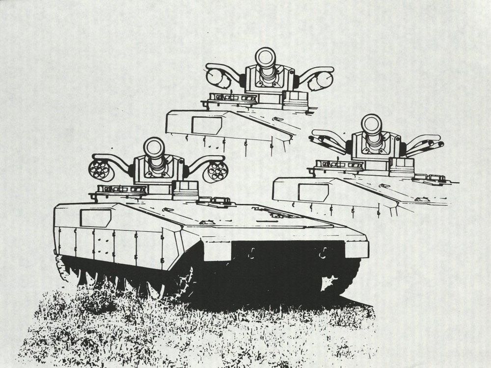 Scanned page of a TCM AGS illustration showing different weapons mounted to overhead wings on the turret side. The different weapons shown are 2 different types of rocket pod and one large ATGM like missile