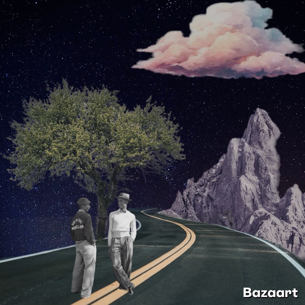 Two men standing in space on a paved road leading into the horizon behind a large rock stature 