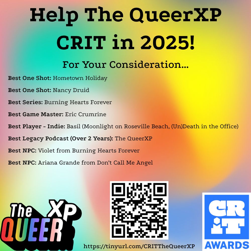 Best One Shot: Hometown Holiday
Best One Shot: Nancy Druid
Best Series: Burning Hearts Forever
Best Game Master: Eric Crumrine
Best Player - Indie: Basil (Moonlight on Roseville Beach, and Life & (Un)Death in the Office)
Best Legacy Podcast (over 2 years): The QueerXP
Best NPC: Violet from Burning Hearts Forever
Best NPC: Ariana Grande from Don't Call Me Angel