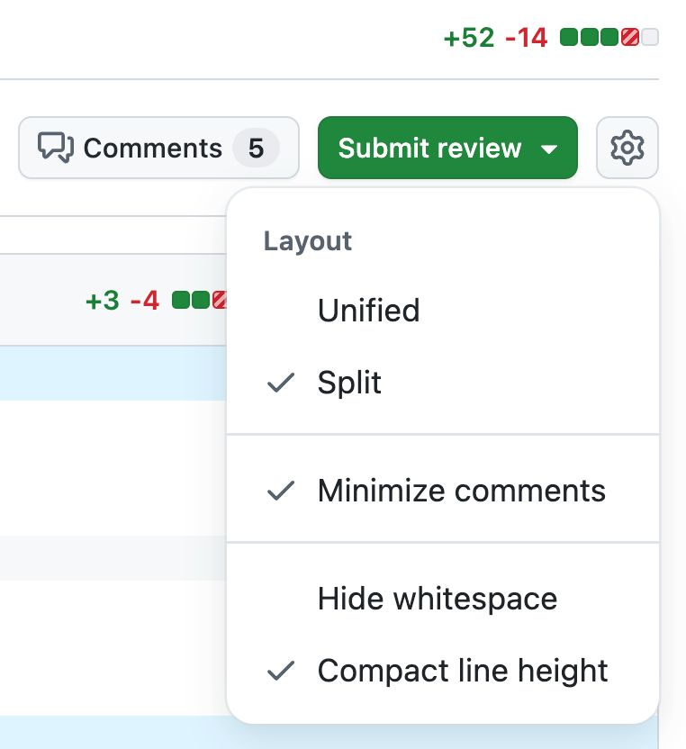 Github PR settings menu showing options: Unified, Split (selected), Minimize comments (selected), Hide whitespace, Compact line height (selected).