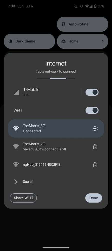 The quick settings internet tile on Android 16 on a pixel 9 pro showing Wi-Fi with a hyphen.