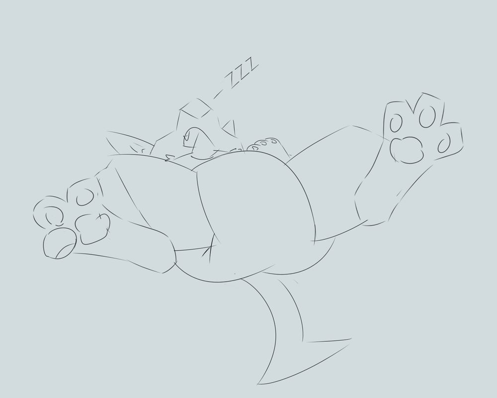 A lucario sprawled out on his back taking a nap. He is wearing a thick diaper.
