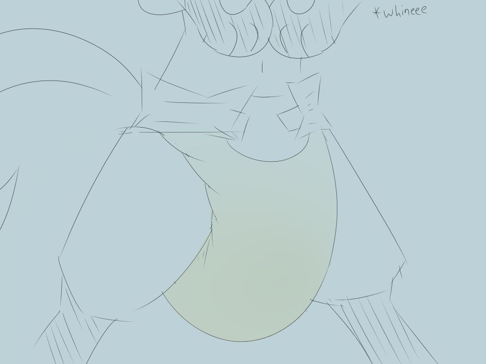 Sketch of a Lucario's mid-lower body. He is in a wet, sagging diaper. His paws are up and he is whining.