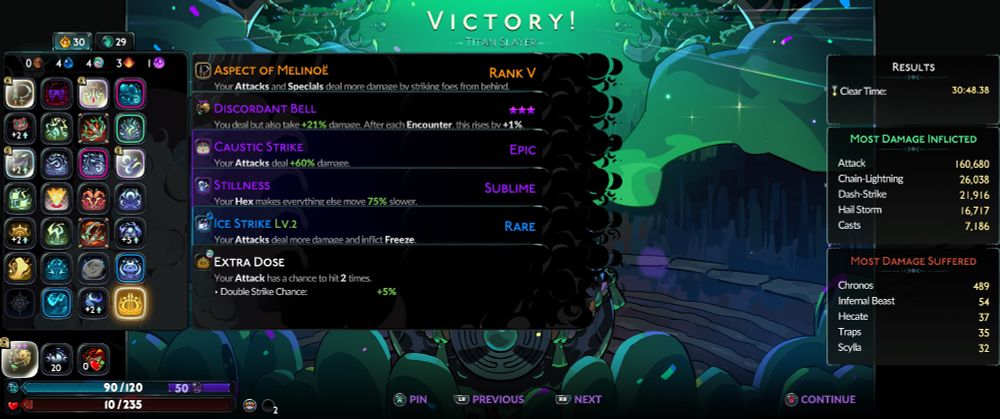 screenshot from the video game Hades II showing a finished run and all the stats of said run