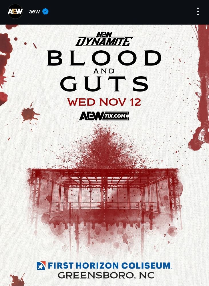 Poster for AEW Blood & Guts Dynamite event with a steel cage covered in red blood like splatters