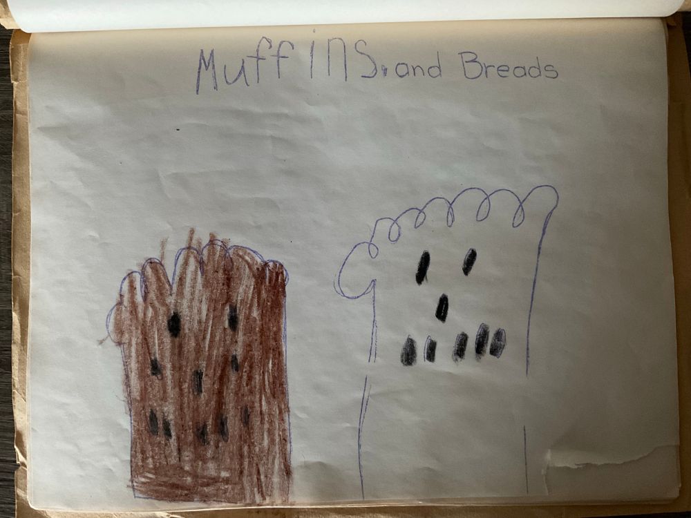 Hand-drawn picture of 2 loaves of bread; with a caption of Muffins and bread. The bread has black dots that look like faces.