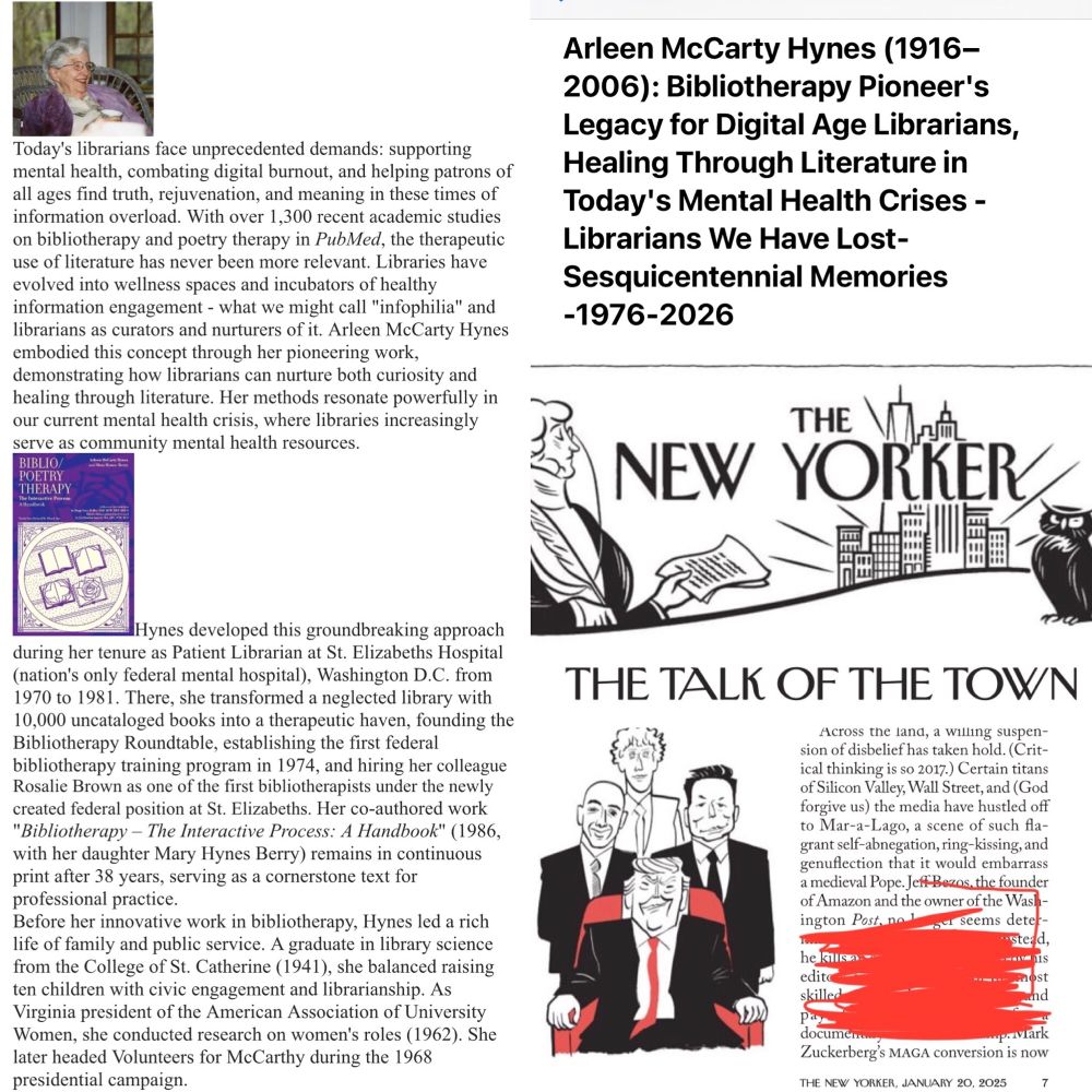 Image is a collage showing a write up about Arleen McCarty Hynes, pioneer of bibliotherapy and poetry therapy with her book cover image plus New Yorker Talk of the Town column masthead on side, and a political cartoon with quoted text and rest redacted.