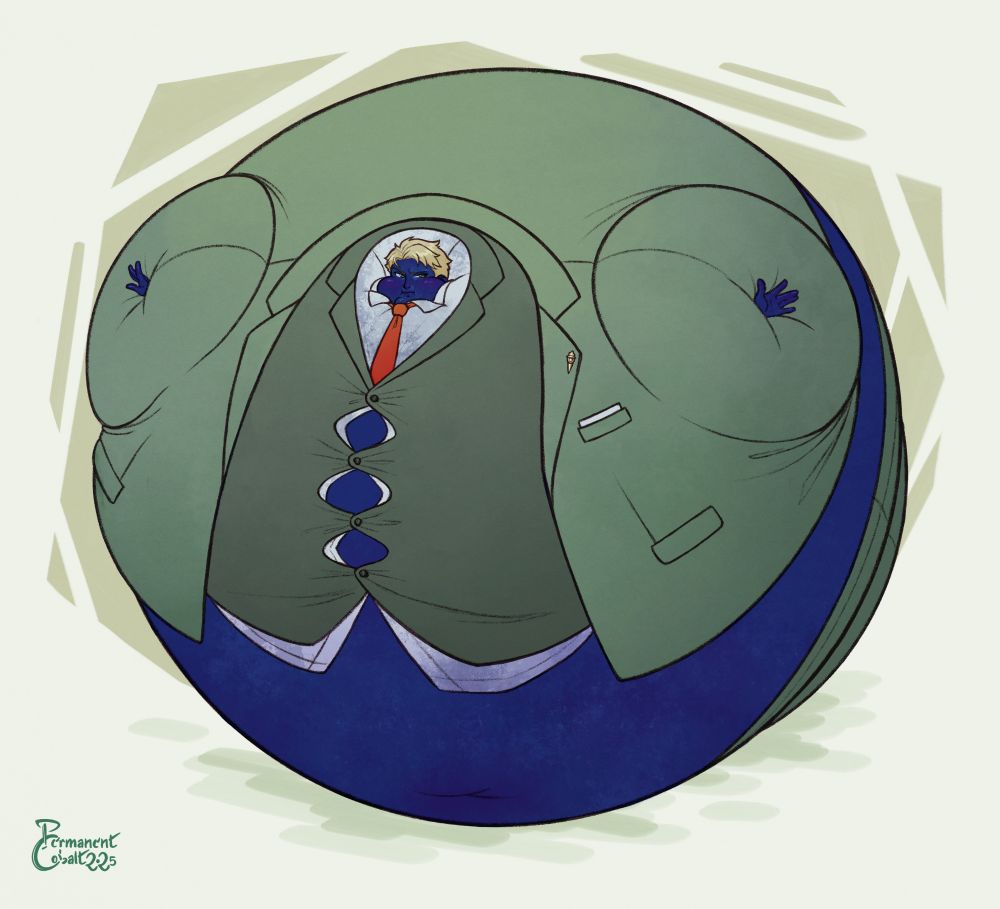 Illustration of a blonde man inflated into a giant, round blueberry. His green suit is stretched out over his spherical body, and he looks annoyed by his predicament.