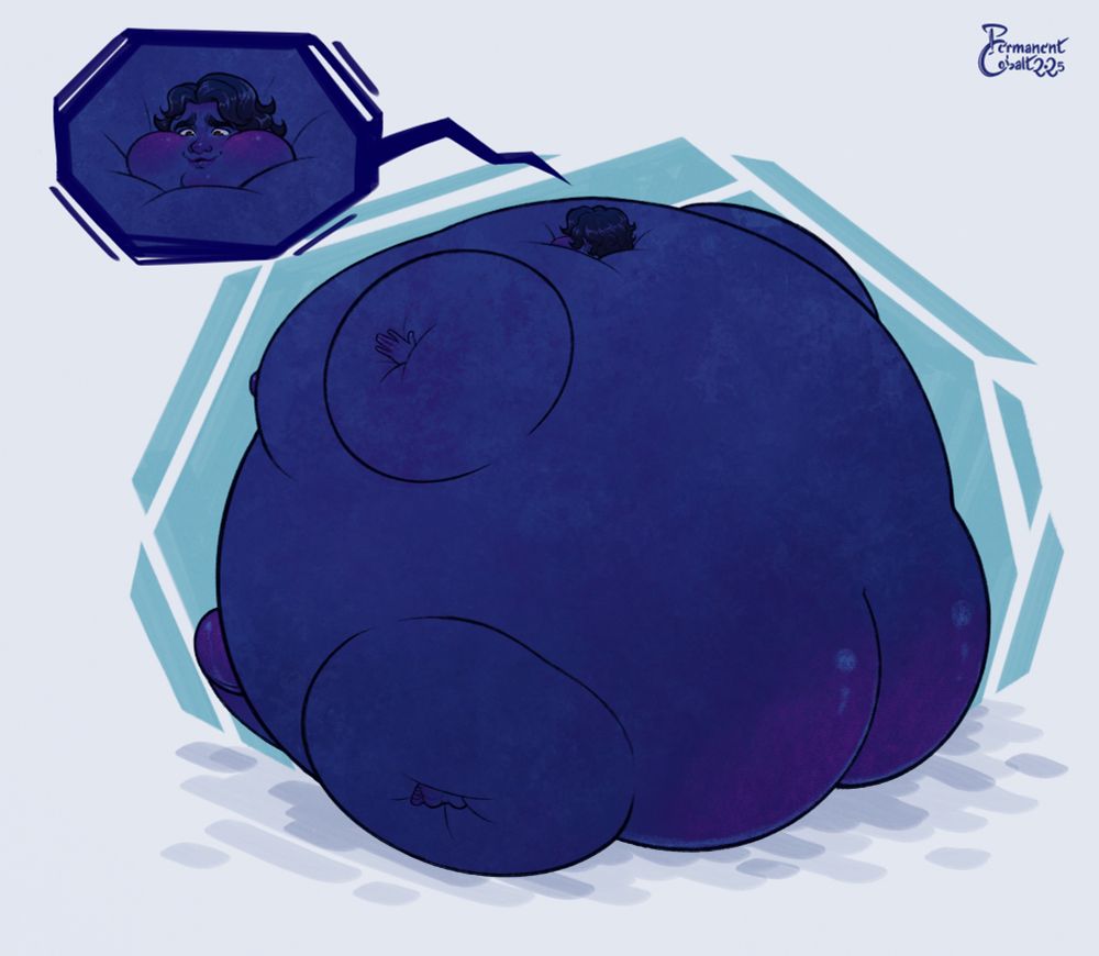 Illustration of a man swollen into a big, round blueberry, seen from his back and highlighting his giant, round butt. His embarrassed expression can be seen in a close up on the top left of the image.