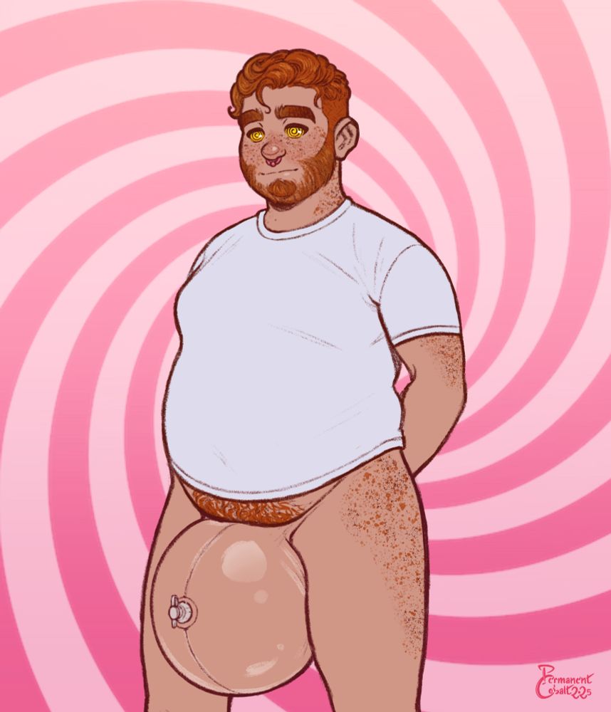 Illustration of a redhead guy standing straight with his hands behind his back, his face in a completely neutral expression with spirals in his eyes, completely hypnotized. He's wearing a white t-shirt only, showing off the massively round inflated null bulge hanging between his legs. The background is a pink hypno spiral.