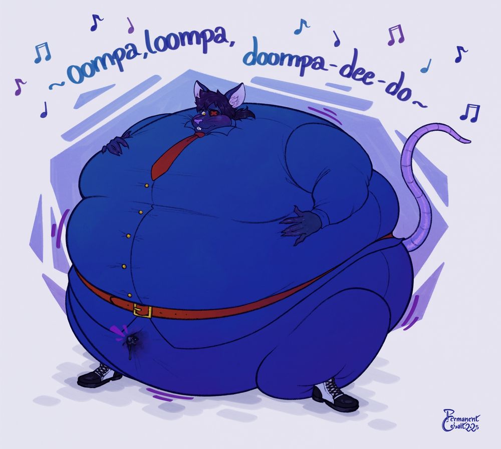 Illustration of an anthro rat inflating into a blueberry. He's wearing the blue jumpsuit from the original movie while an Oompa Loompa song plays, prompting him to start juicing his pants.