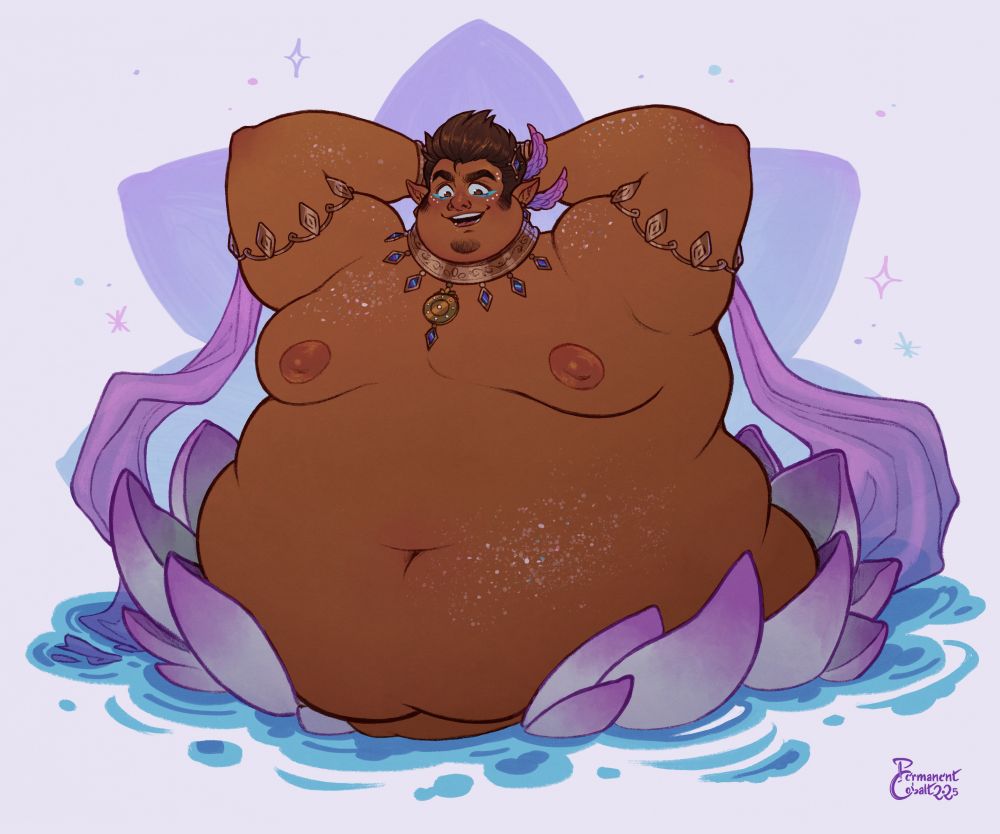 Illustration of a really fat fairy man coming out of the water, surrounded by flower petals. He has his hands behind his head and is looking down with a cocky expression. He wears a bunch of jewelry and his body shimmers with glitter.