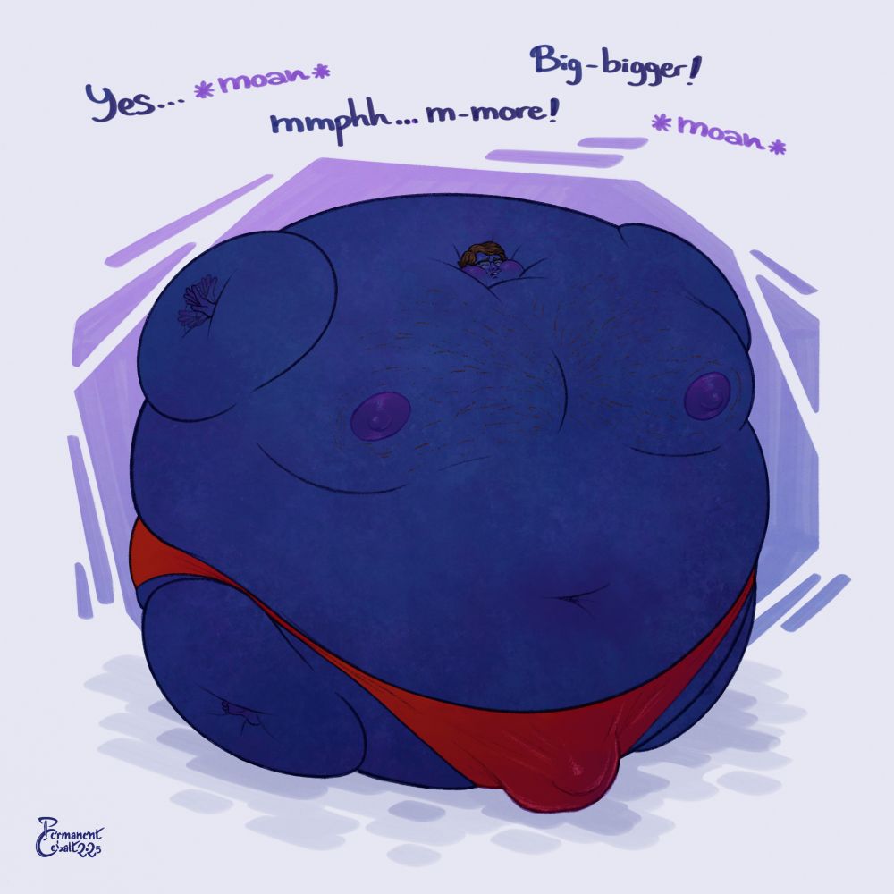 Illustration of a young man inflated into a giant, round blueberry. He's only wearing a red speedo, and he's flapping his hands and biting his lip in pure bliss, moaning things like "Yes..." "Mmphh... m-more!!" "Big - bigger!"