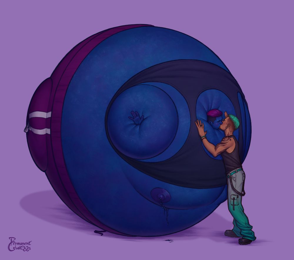 Illustration featuring a human character kissing his giant berry boyfriend passionately. The berry boy has magenta dyed hair and is wearing a black tank top that's holding on for dear life to his round body, and magenta tracksuit pants. A little juice trickles from his swollen nipple. The human character has aquamarine dyed hair, tattoos, and is wearing a black tank top and ombre grey and aqua cargo pants.