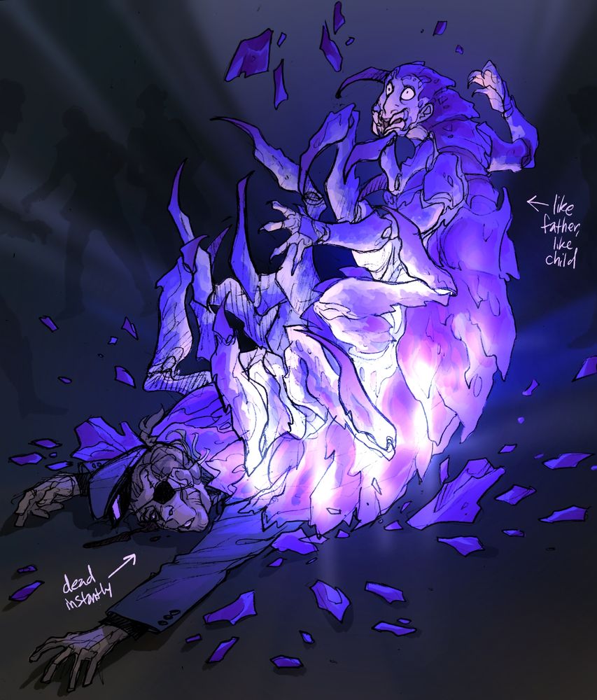 A drawing of the hybrid child, now grown up - it is a creature that looks like a bug-like crustacean with many crab-like legs and brightly glowing blue-purple armour on its shell, but with a more humanoid torso and face, except it has mandibles in place of a human mouth. It looks very startled and has apparently fallen onto its back with all its legs in the air, directly on top of Samuel, who is lying crushed on the ground under its carapace. The shadows of his shocked crew can be seen in the background. A little label pointing to the hybrid reads "like father like child," and a label pointing to Samuel reads "dead instantly."