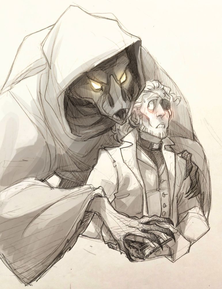 drawing of Mr. Hearts, from Fallen London, and my Fallen London character Samuel. Samuel holds a book and glances back over his shoulder, where Mr. Hearts looms over and leans close, its bat-like face whispering in his ear while it presses Samuel's hand to the cover with a large, clawed hand. Sam's blushing a little bit.