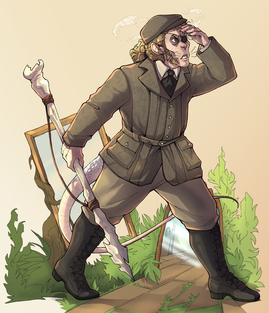A drawing of my Fallen London character, Samuel Ashman, dressed in 1900s hunting clothes carrying the notched bone harpoon that monster-hunters use, except a few of his features are more rat-like than usual: he has whiskers, rat-like ears, and a long rat-tail, with a hint of snake scales at the base. He's prowling past a couple of mirrors which are embedded in plants and roots.