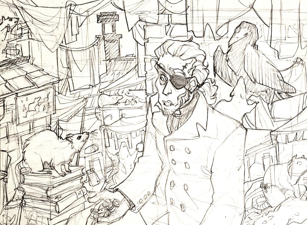 A drawing of my Fallen London character, Samuel, at the rat market, which is essentially a bunch of cloth and miniature tents and awnings set up all across the roofs of several buildings, with little rats and one large bird in various makeshift stalls hawking their wares. Samuel crouches next to a rat merchant and holds out a handful of coins.