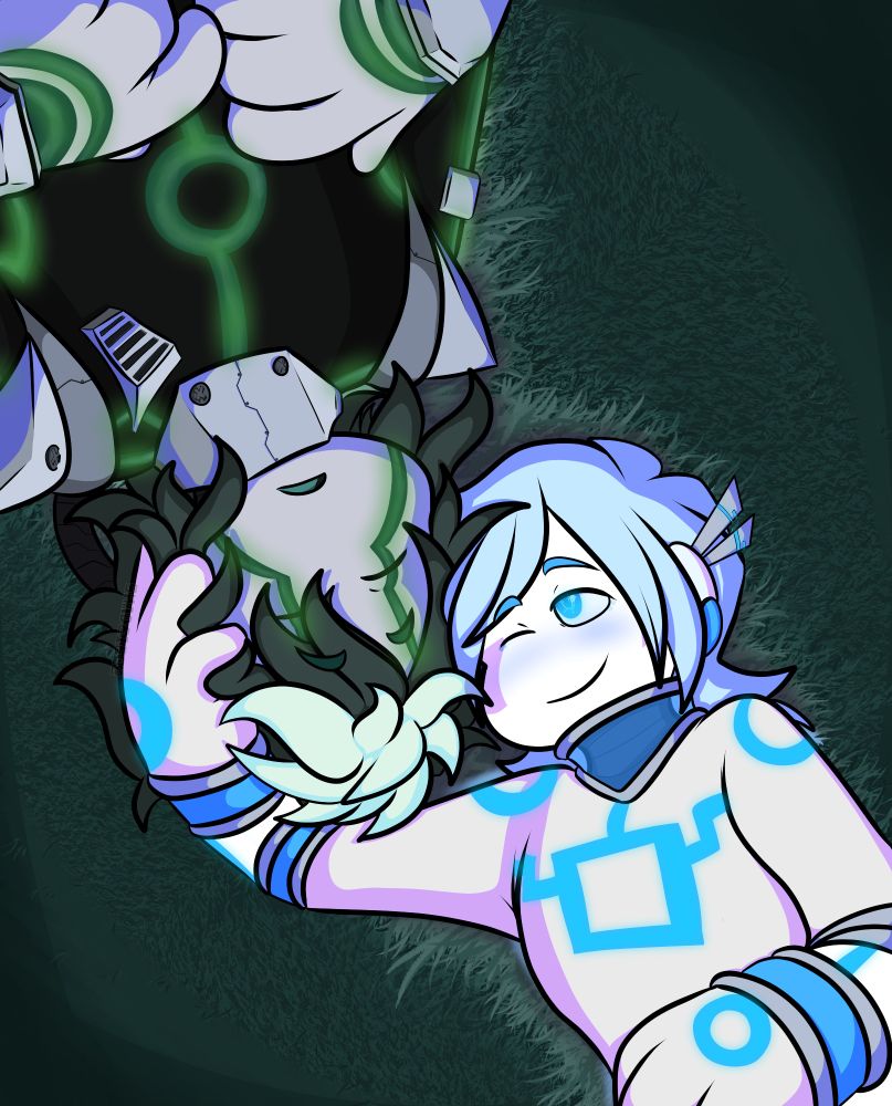 Proto and Aaron laying in grass - they're in love!