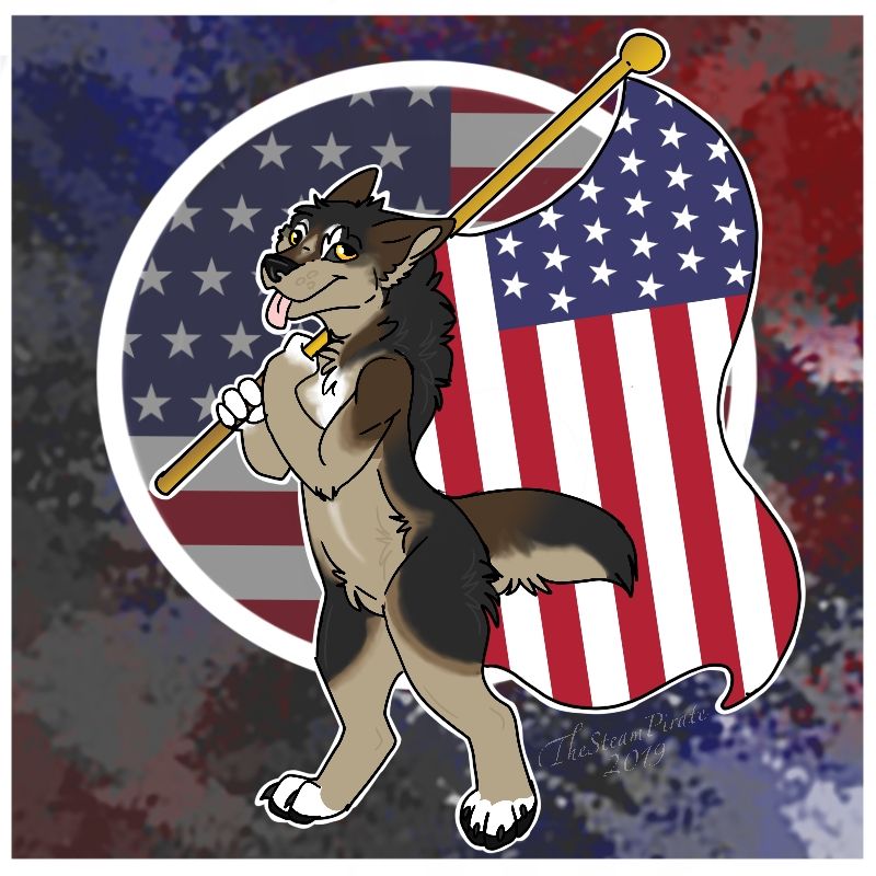 A (derpy) American werewolf proudly waving the stars and stripes 