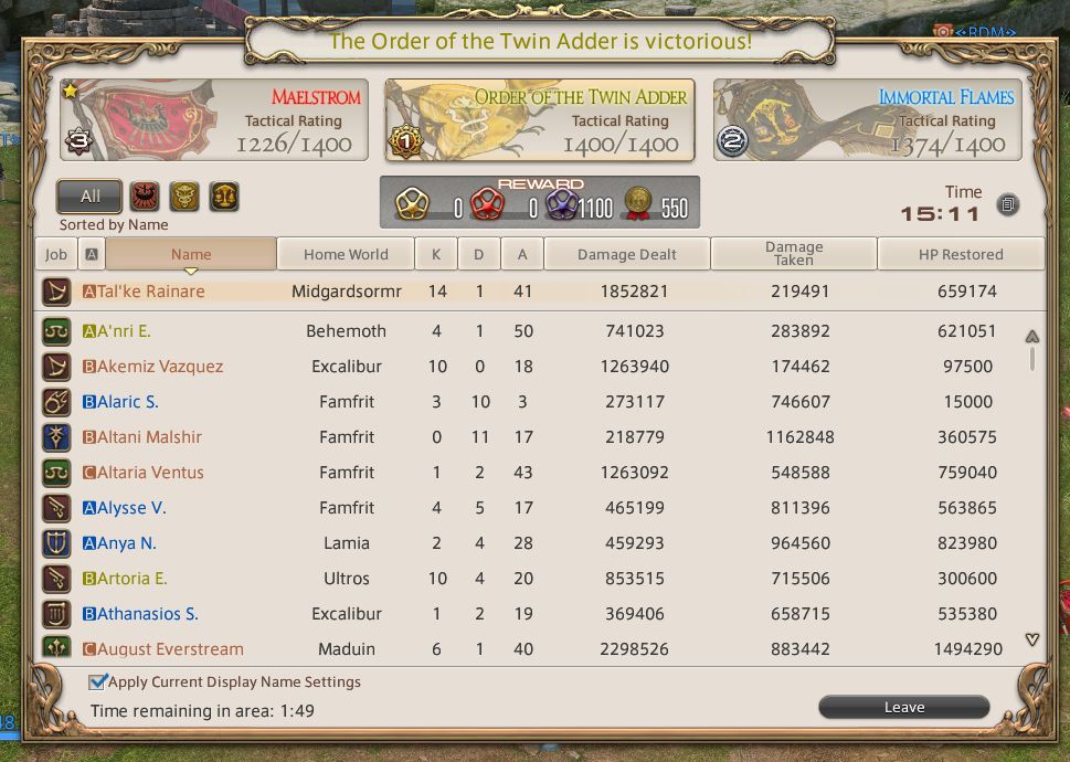 A Final Fantasy 14 Frontline scoreboard. 