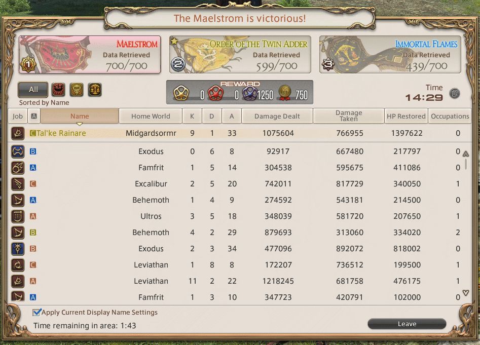 A Final Fantasy 14 Frontline scoreboard.