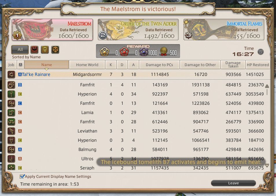 A Final Fantasy 14 Frontline scoreboard.