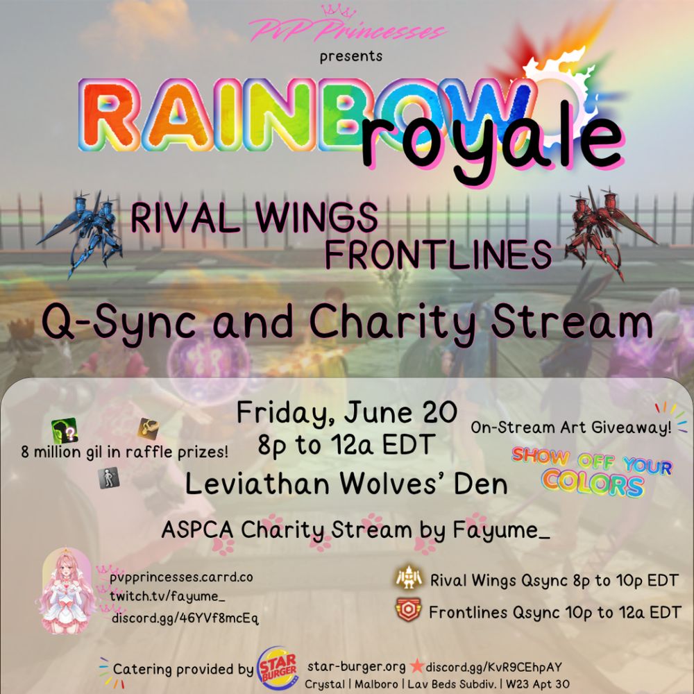 Advertisement for a FFXIV Frontlines and Rival Wings event scheduled for June 20 at 8PM EDT.