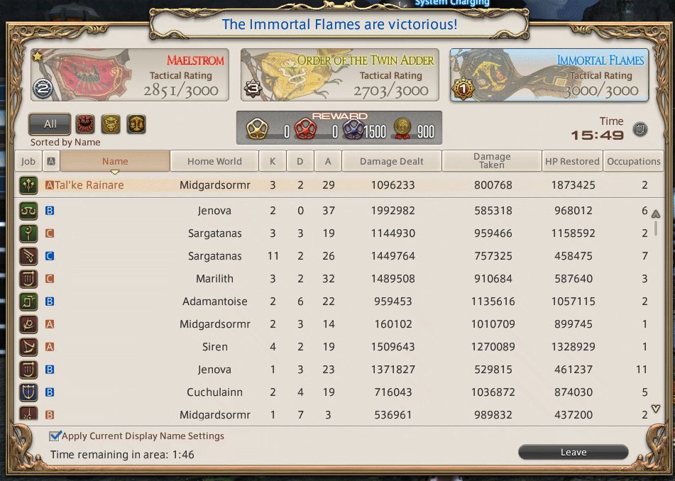 A Final Fantasy 14 Frontline scoreboard.