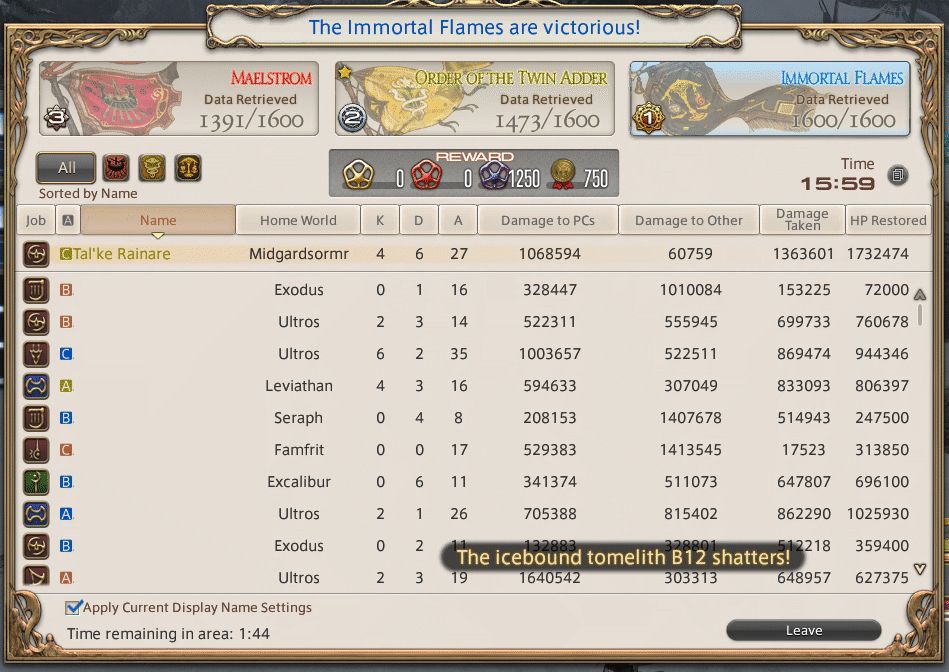 A Final Fantasy 14 Frontline scoreboard.