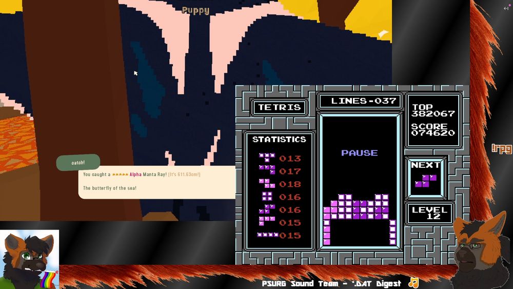 Screenshot of my very haphazard stream, catching an Alpha Manta Ray, one of the four remaining alphas I need until full 100% completion in Webfishing, while also playing Tetris on the side cuz... I still don't know why actually?...
I had just claimed that I really should end stream soon, and after rambling for a few moments more, this was caught.
(unpictured, this was caught with the Golden bait, I was actually aiming for the Alpha Golden Manta Ray. 3 to go, I am now at 99.36% full completion (of fish - realized there is still the $10mil pole, being at only $3.6mil))