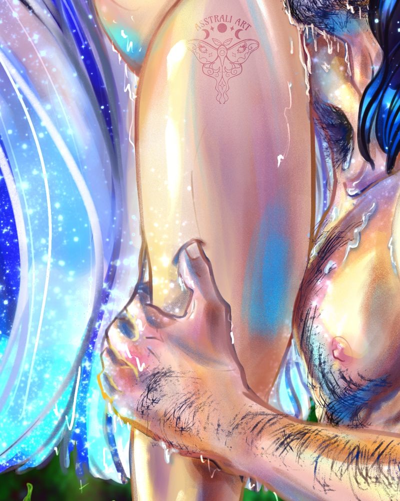 Close up of Althain's nipple and hairy chest, armpit, and chin dripping sweat, water, and cum, and his left hand gripping Hyacintis's right thigh. Shows a bit of the bottom of Hyacintis's plump asscheek.