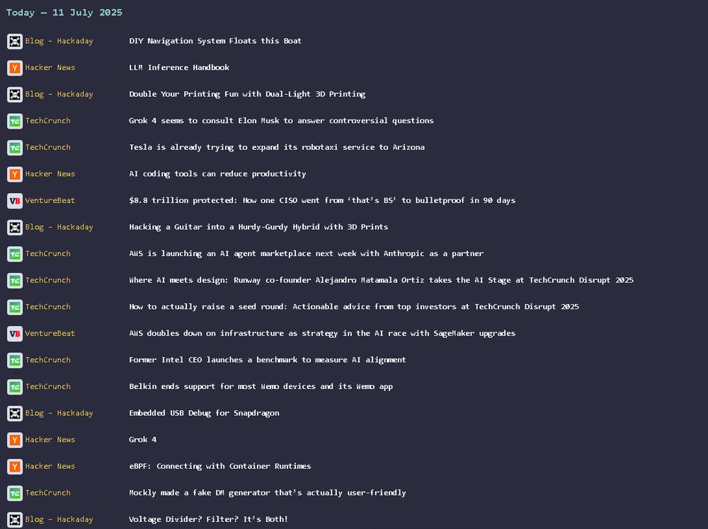 Screen shot of a tech news rss feed reader showing todays headlines