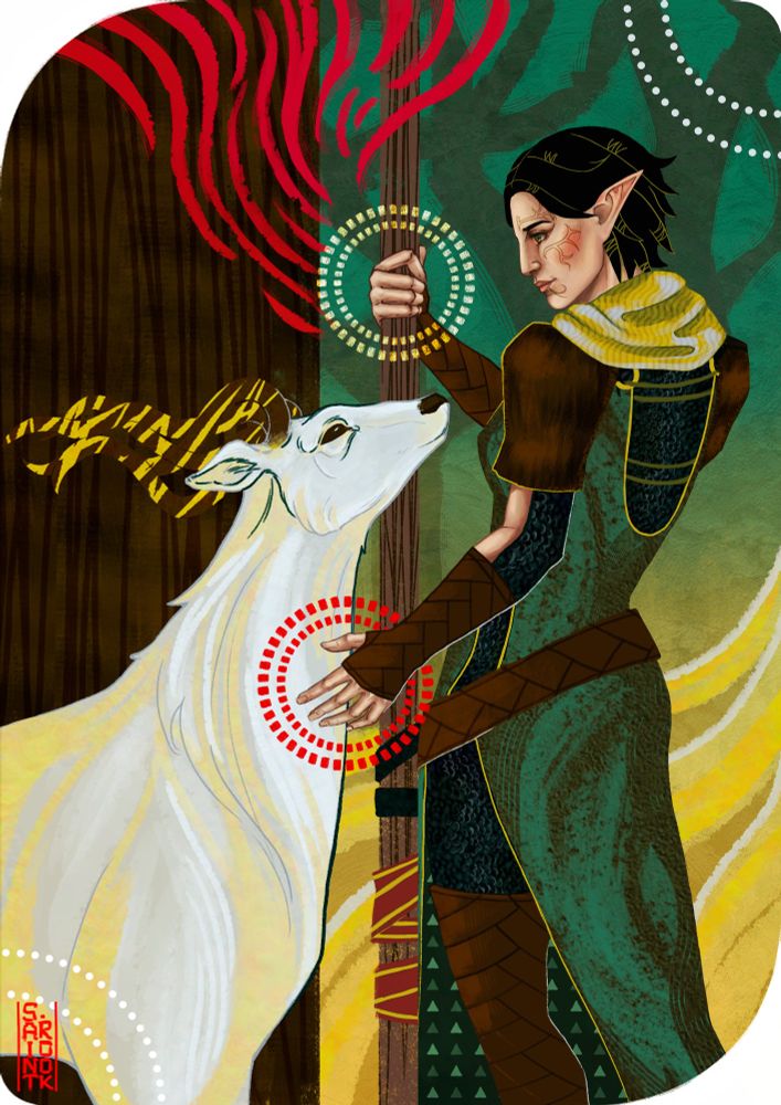 Elf girl in green clothes with staff in her right hand, stands near dear-like creature and extends her left hand to it. Whole artwork is in green and yellow pallete with red accents and deer creature being white