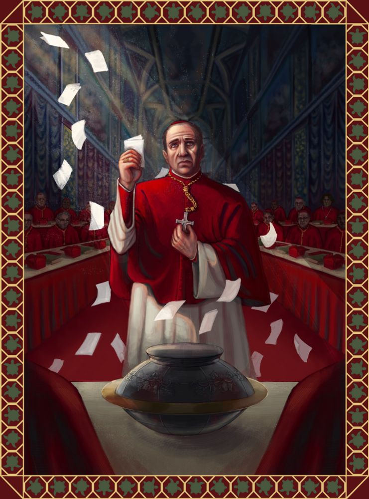 Cardinal, standing in front of the table, holding a paper. More paper flying around him. Frame with turtles around the artwork 