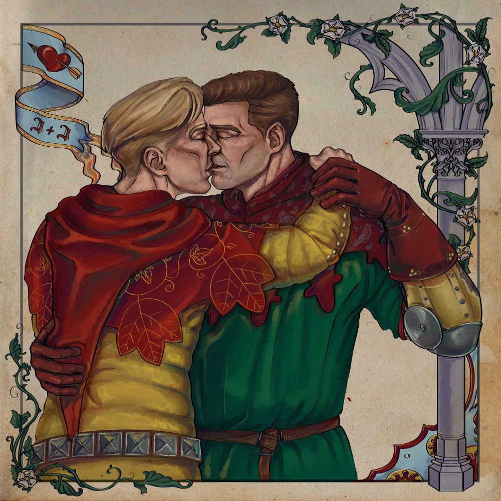 Two men kissing. Artwork stylised to look a bit like watercolour, with medieval style floral designs in right side
