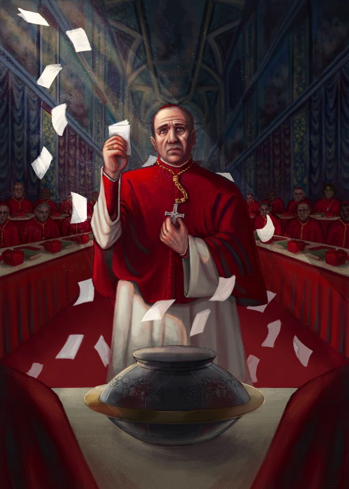 Cardinal, standing in front of the table, holding a paper. More paper flying around him