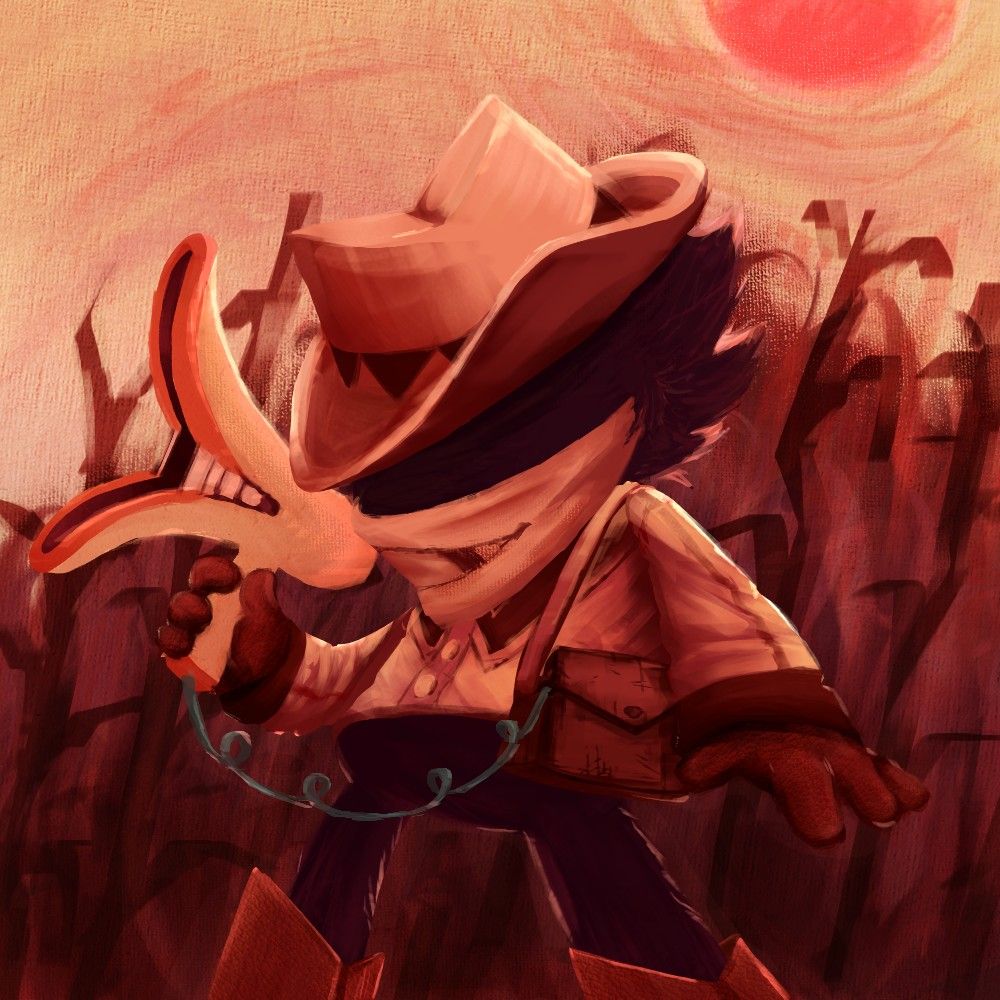 Dibujo
Personaje vestido de vaquero se alza de espaldas a una plantación de maíz, portando a su vez un artefacto de apariencia orgánica. De tonos rojizos y cafés. 