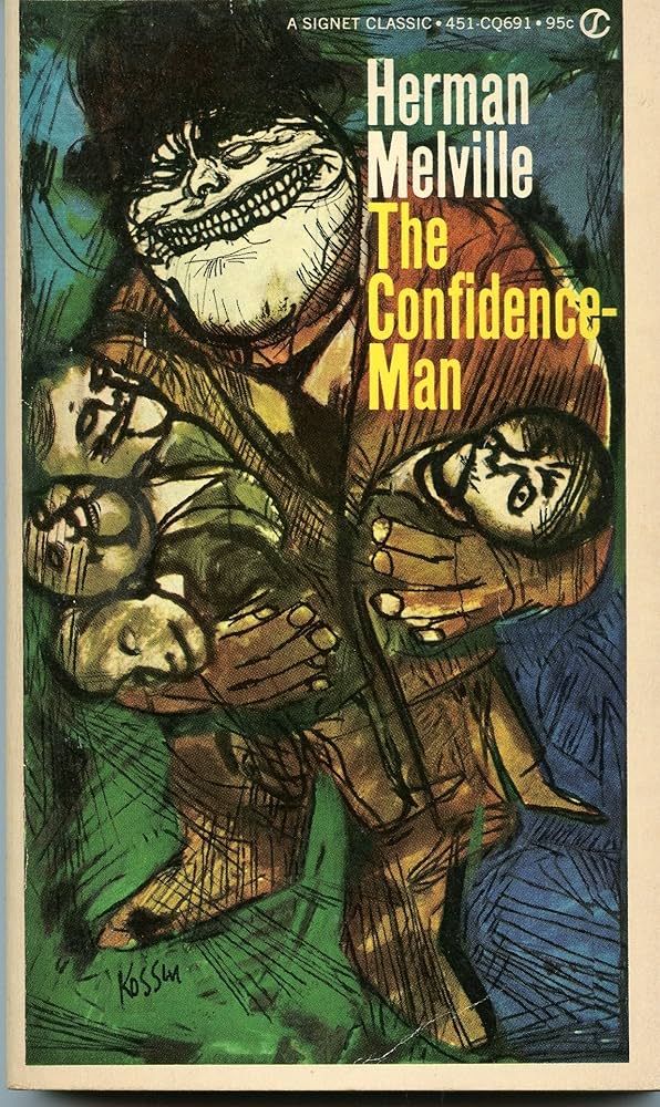 Cover of Herman Melville's book The Confidence Man, depicting a monstrous figure scooping up victims 