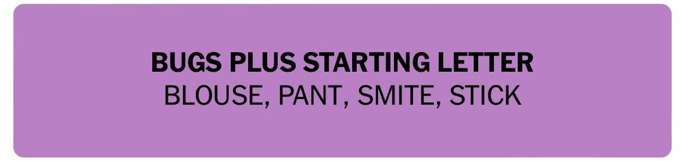 BUGS PLUS STARTING LETTER 
BLOUSE, PANT, SMITE, STICK