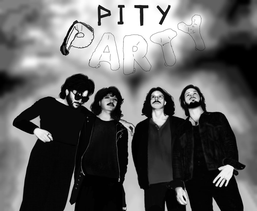 4 guys standing under balloons that say "pity party" 